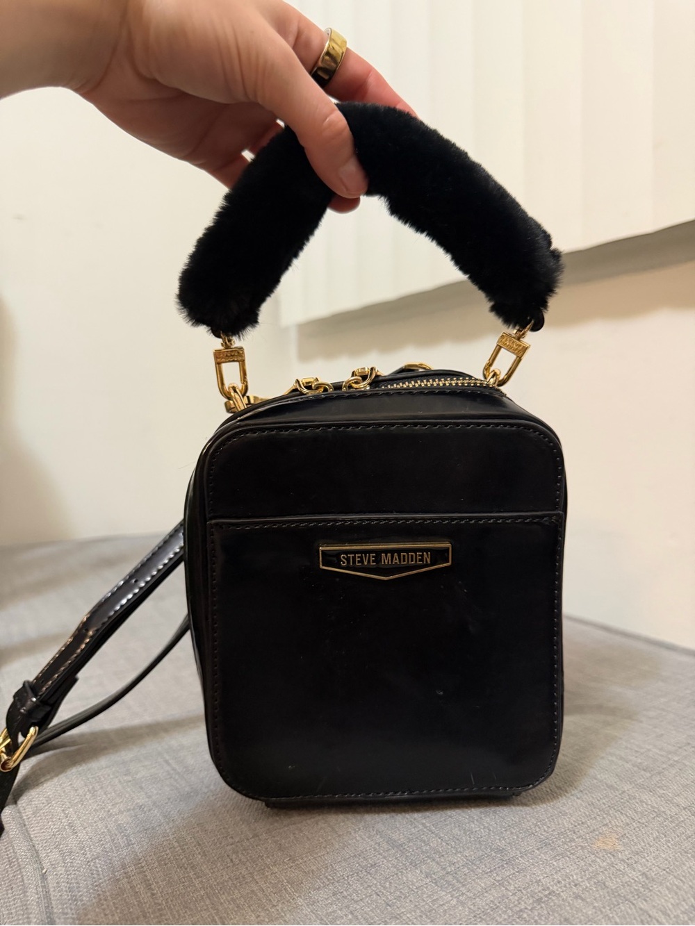 Steve Madden Black Faux Fur-Handle Crossbody Mini Bag